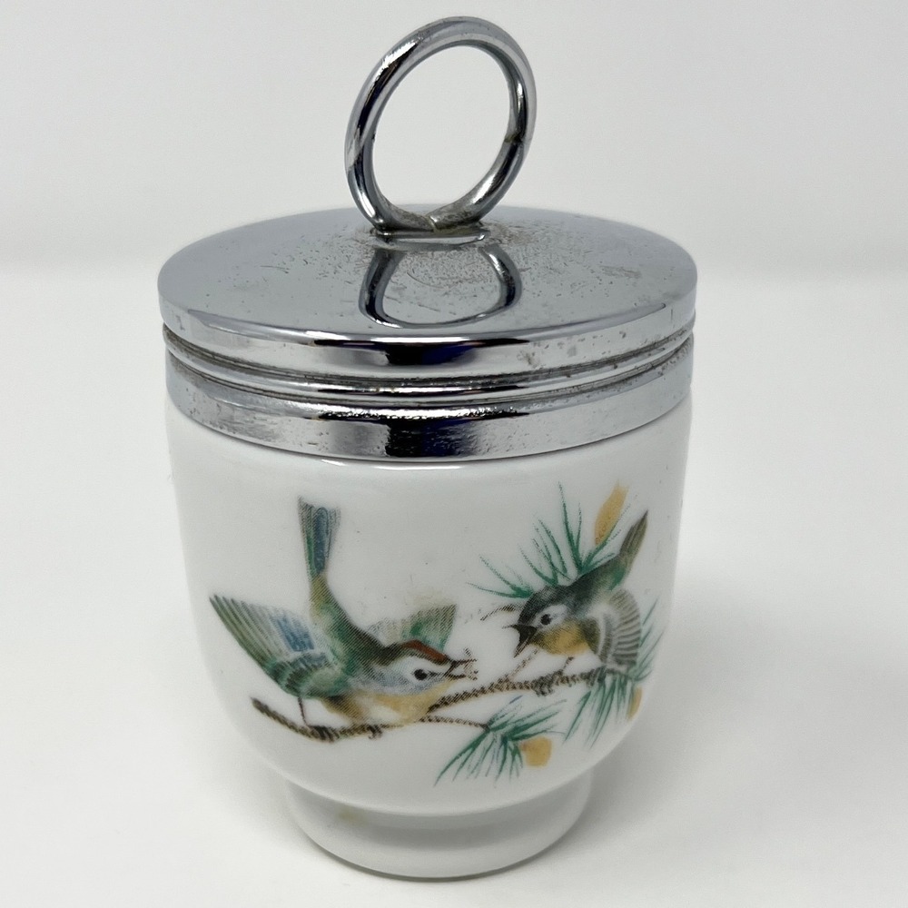 Royal Worcester King Size Egg Coddler Birds on Pine Branch Porcelain Chrome Lid